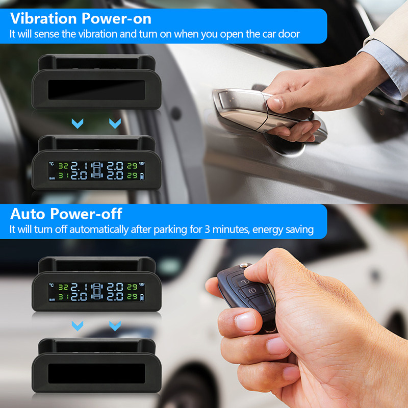 TPMS Car Tire Pressure Monitor System Automatic Brightness Control USB and Solar Charging Adjustable LCD Screen 4 Exter Sensor