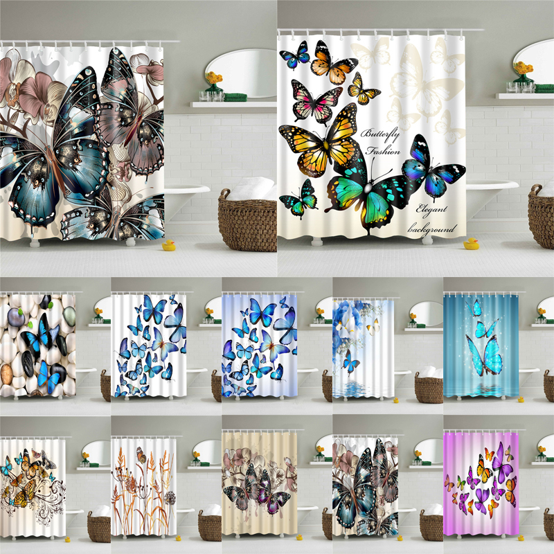 Bathroom Curtains Animals Butterfly Print Waterproof Bath Screens Home Decoration Shower Curtain with 12 Hooks