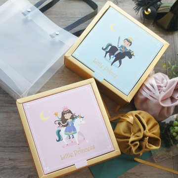 15*15*6.5cm 3set Gold Pink Blue Princess Prince Design Paper Box + Bag As Baby Shower Birthday DIY Gift Packaging Use