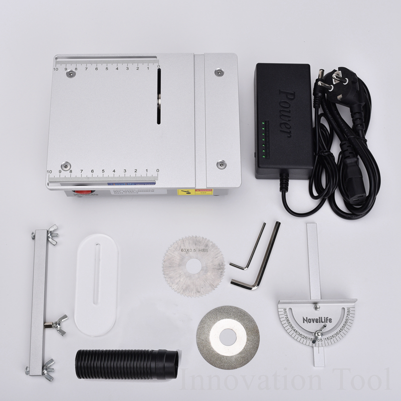 Mini Table Saw Handmade Woodworking Bench Saw DIY Hobby Model Cutting Tool 5000RPM with 96W Power Adapter HSS Saw Blade R1