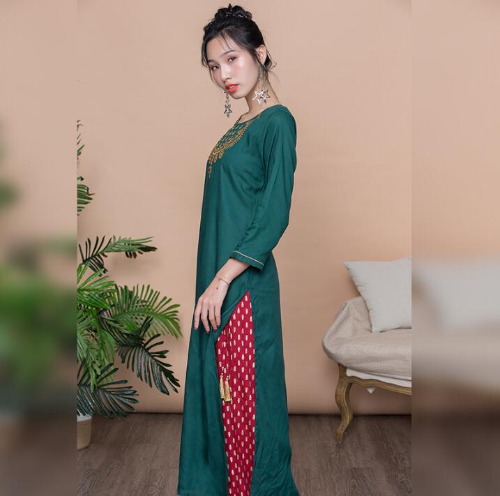 Woman Fashion Ethnic Styles Retro Sets Cotton Embroidery India Kurtas Three Quarter Sleeves Long Thin Top Pants