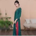 Woman Fashion Ethnic Styles Retro Sets Cotton Embroidery India Kurtas Three Quarter Sleeves Long Thin Top Pants