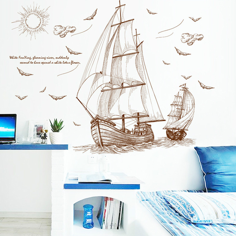 Large Sailboat Voyage Seabirds Landscape Wall Stickers Home Decor Living Room Bedroom Wallpaper Removable Vinyl PVC Wall Decals