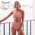 SEASELFIE Sexy Red Gingham Smocked Bikinis Set Swimwear Women Swimsuits Bathing Suit 2021 Bandeau High-waist Bikini Beachwear