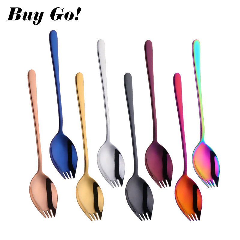 Creative Design Kitchen Tableware Tools 3 in 1 Stainless Steel Colorful Sporks Dessert Fork Spoon Noodles Salad Fruit Utensils