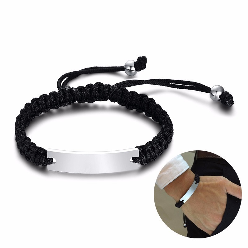 Personalized Braided Rope Bracelet with Stainless Steel ID Plate Bangles in Black Engravable Brackelts Adjustable