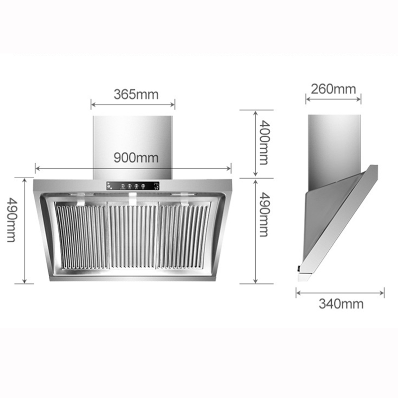 304 Stainless Steel Range Hood Household Kitchen Extractor Hood 900mm Side Suction