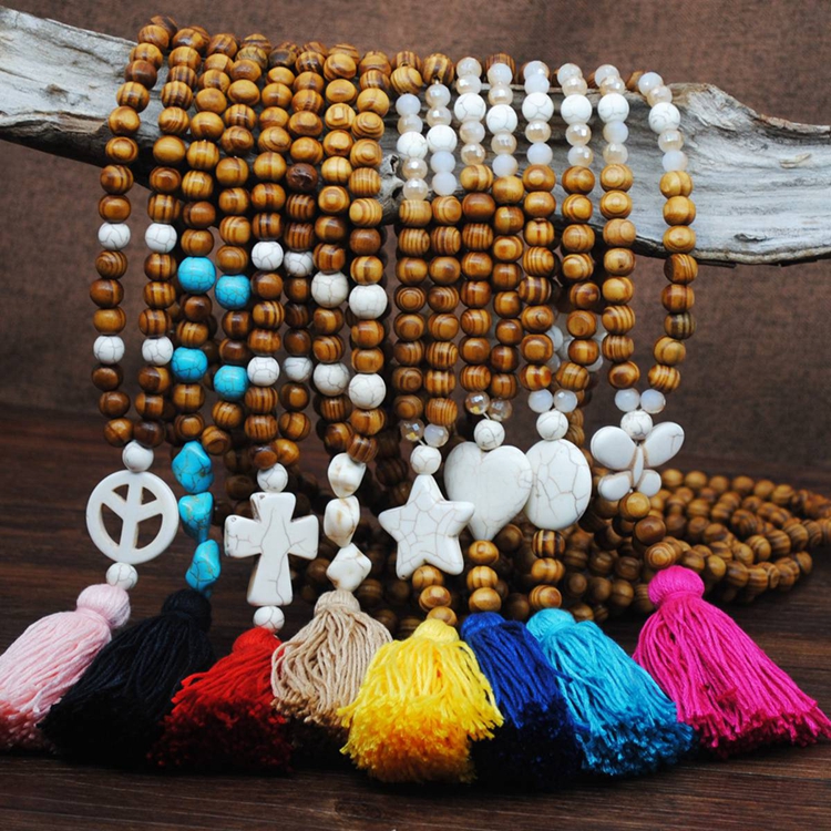 Vintage natural round wooden bead long sweater Chain Necklace Handmade Cross Star Bohemian tassel pendant women's jewelry