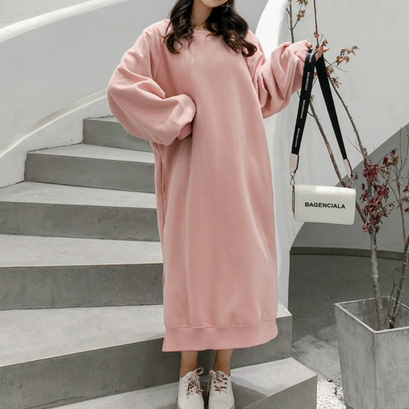 Fleece Sweatshirt Fall Winter Clothes Women Oversized Straight Long Sleeve Pullover Pocket Side Split Hoodies Sweatshirt Dress