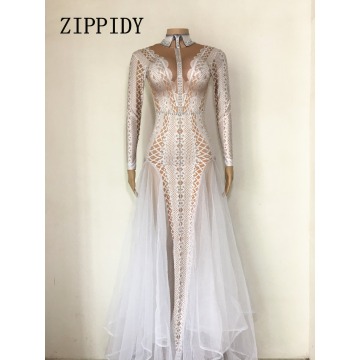 Sexy Sparkly Stone Dress Women Summer Party Costume Stage Performance Wear Dance Singer Rhinestones Ladies Long Dresses