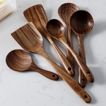 1/2/4/7Pcs Teak Cooking Tools Set Natural Wood Tableware Spoon Shovel Rice Spoon Colander Durable Kitchen Cooking Tool Kit