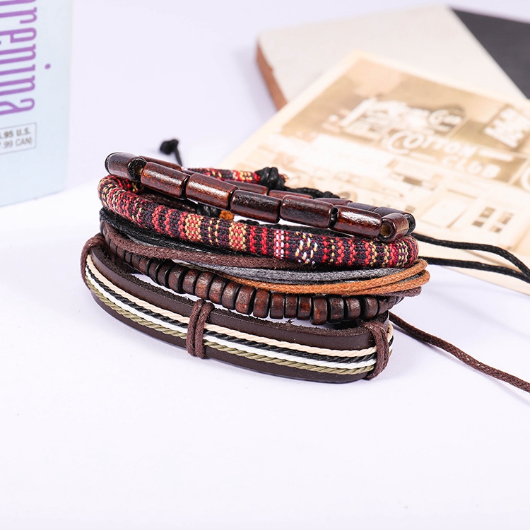 link chain Bangles Woven leather bracelet men's and women's cuff wound wooden bead ethnic tribe Adjustable