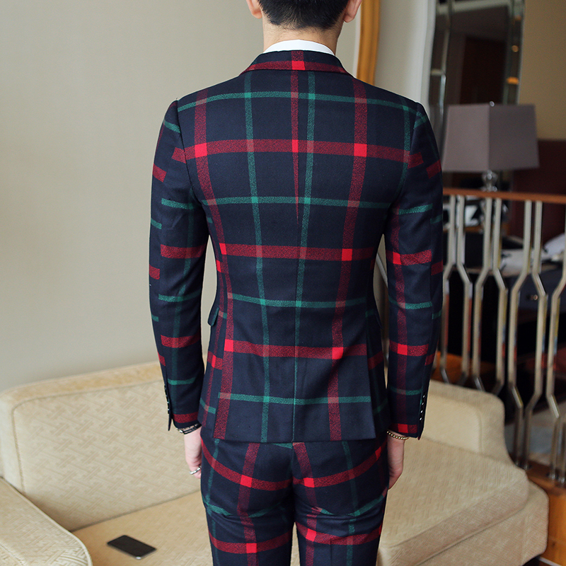 Plaid Wedding Suit 2019 Fashion Check Suit Men Vintage Prom Banquet Suit Men Slim Fit Double Breasted Suit Jacket Vest Pant