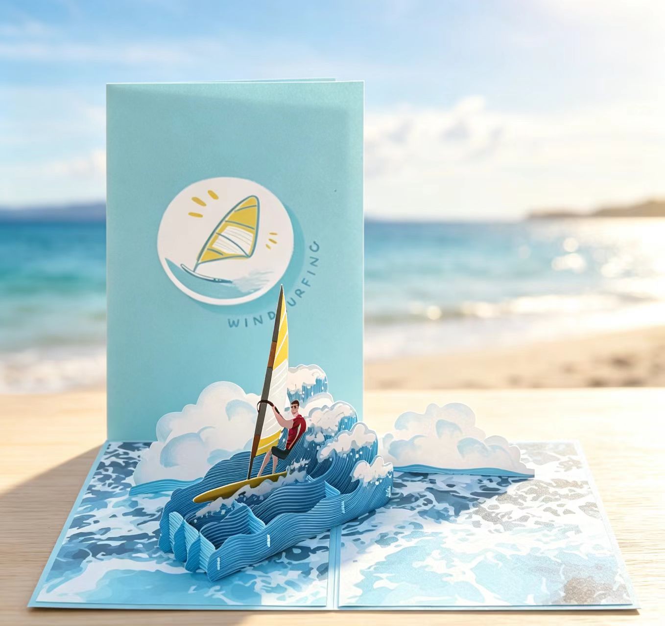 Surfing theme pop up greeting card