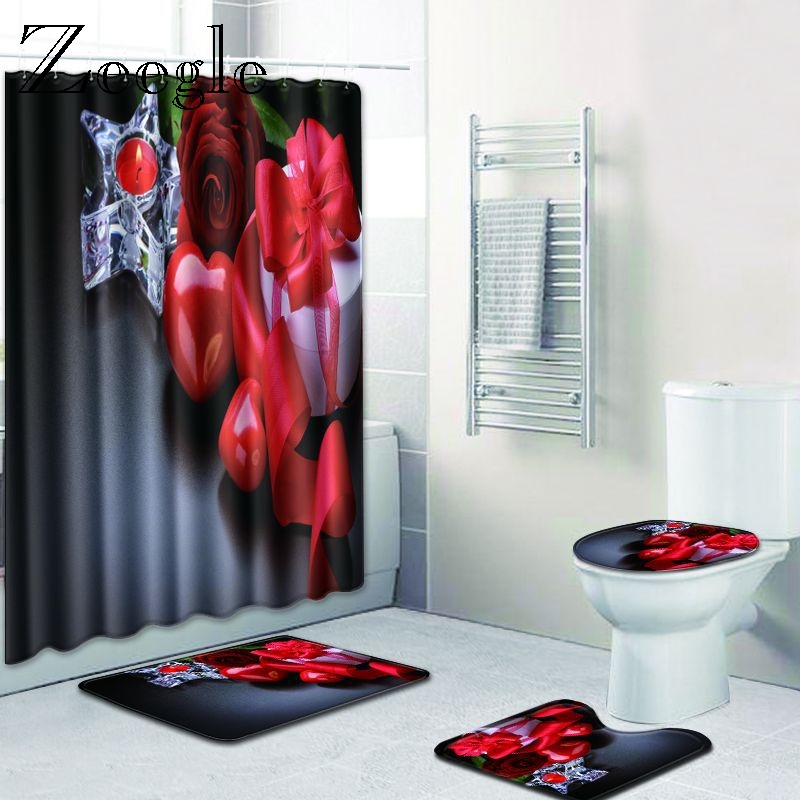 Zeegle Floral Pattern Bathroom Shower Curtain and Bath Rug Set Anti-slip Toilet Mat Floor Pad Bath Rugs Purple Foot Mat