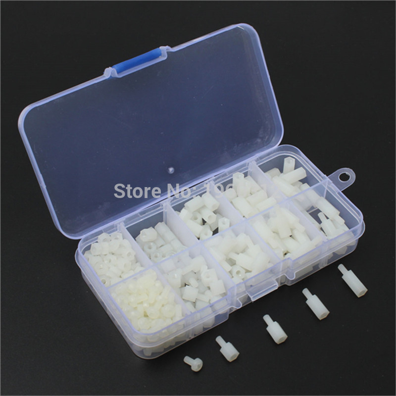 300pcs/set M3 Nylon Screw White or Black Hex Screw Nut Spacer Stand-off Varied Length Assortment Kit Box