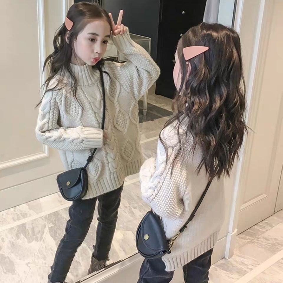 Girls sweater 2020 new Korean children's big children loose spring and autumn knitting thick line girl foreign style Twist braid