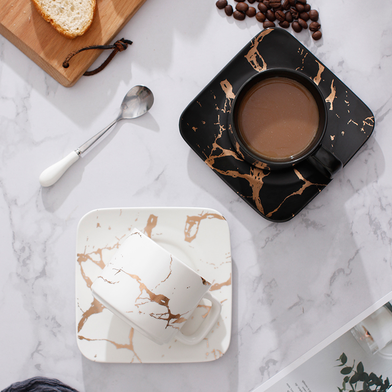 250 ml luxury matte marble ceramic tea coffee Cups and Saucers black and white gold inlay ceramic cups