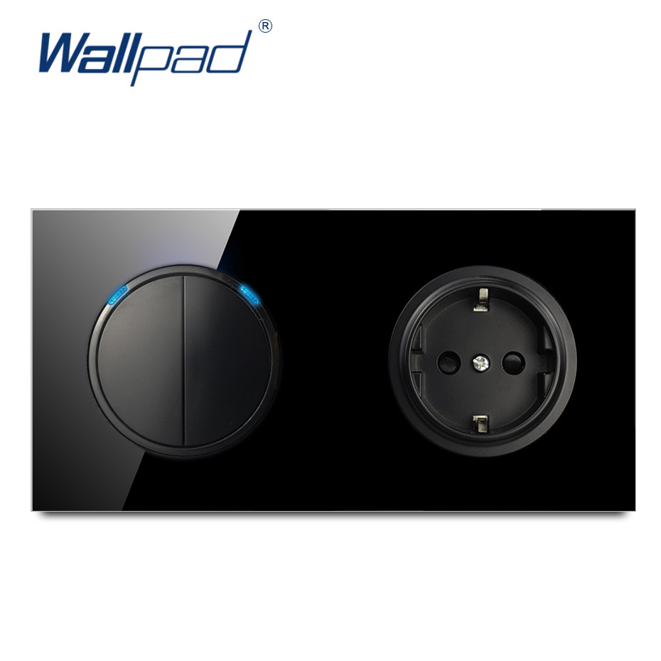 Wallpad L6 Black Tempered Glass 2 Gang 1 Way 2 Way Switch With EU Wall Socket Electrical German Power Outlet 16A Round Design