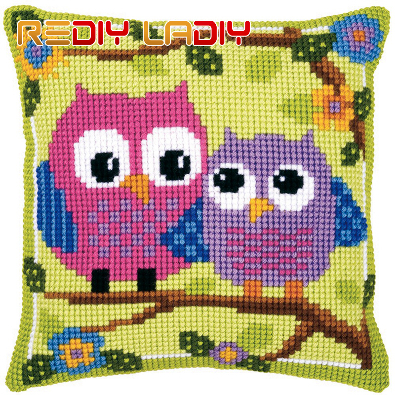 Cross Stitch Cushion Owls On a Branch Make Your Own Pillow Chunky Cross Stitch Kits Pre-Printed Canvas Acrylic Yarn Pillow Case