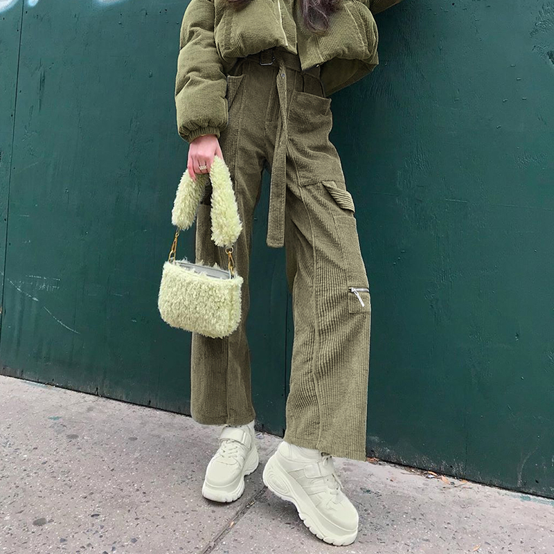 Corduroy Loose Casual Wide-leg Sashes Women's pants High Waist fashion Cool girls Fresh Olive Green Streetwear Pants