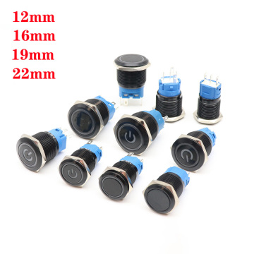 Black Push Button Switch 12/16/19/22mm Waterproof illuminated Led Light Metal Flat Momentary Switches with power mark 5V 12V 24V