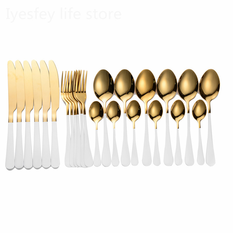 White Dinnerware 24 Pcs Cutlery Set Wedding Tableware Set Stainless Steel Cutlery Box Forks Knives Spoons Tablewellware Set Gold