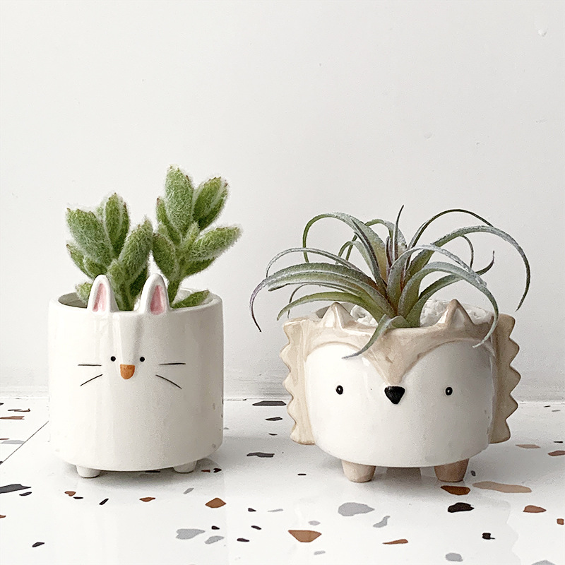 Cartoon Succulent Ceramic Flower Pot Cute Pot Hedgehog Bunny Puppy Small Animal Flower Pot Creative Bedroom Desktop Decoration