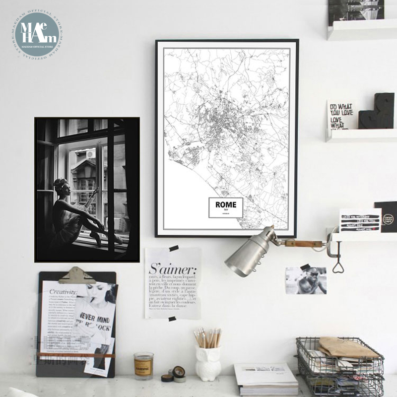 Nordic Black White Figures wall art Canvas posters Painting Prints City map wall Pictures for Living Room Morden Decor NO Frame