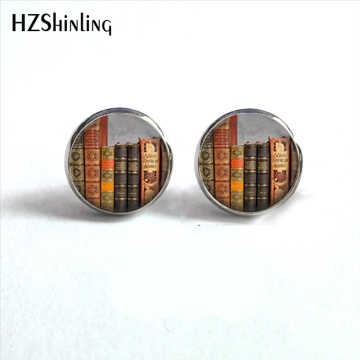 NES-0020 Glass Cabochon Stud Earring Vintage Books Stud Earrings Books Jewelry Time to Read Ear Studs Women HZ4