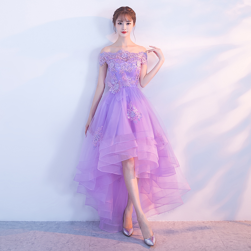 Purple High Low Prom Dresses 2020 Elegant Boat Neck Off The Shoulder Appliques Short Front Long Back Tulle Graduation Dresses