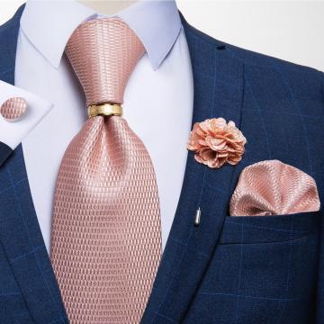 New 100% Silk Men Tie Set Pink Solid Business Wedding Tie Handkerchief Cufflinks Ring Set 8cm Men Necktie Neckwear DiBanGu
