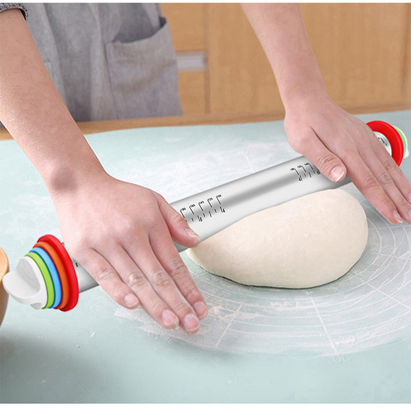 17inch Adjustable Stainless Steel Rolling Pin With Dough Mat Dough Roller with 4 Removable Adjustable Thickness Rings