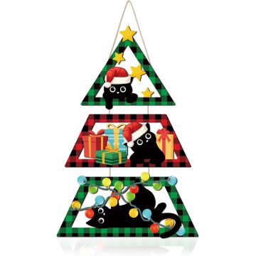 Buffalo Plaid Black Cat Christmas Door Hanger