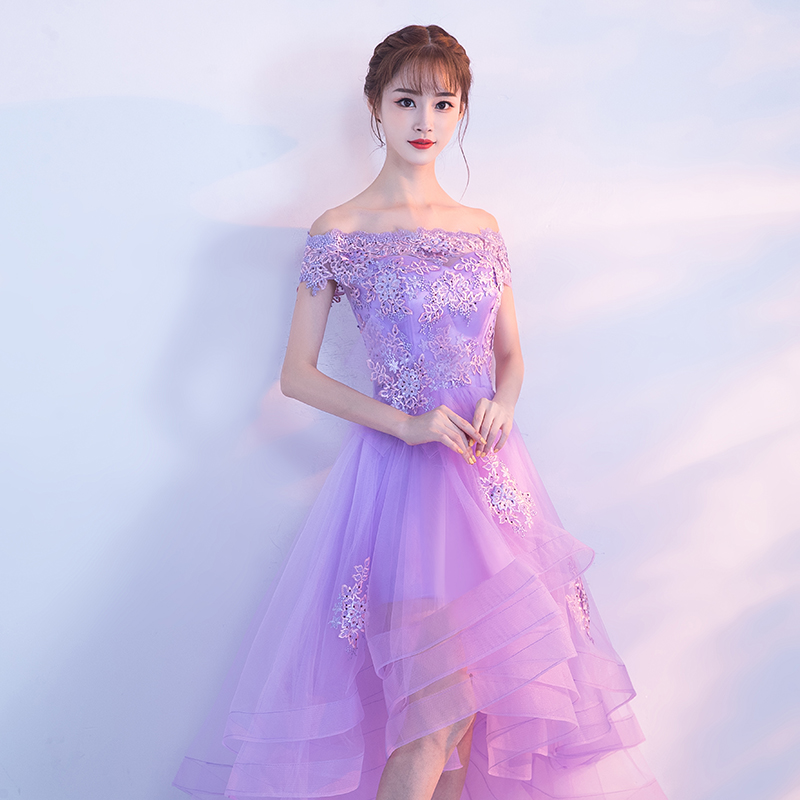 Purple High Low Prom Dresses 2020 Elegant Boat Neck Off The Shoulder Appliques Short Front Long Back Tulle Graduation Dresses