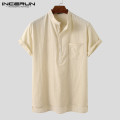 INCERUN Men's Shirts Stand Collar Short Sleeve Button Casual Blouse Streetwear Loose Summer Breathable Male Shirts Chemise 2021