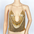 Elegant Metal Crop Top Summer Sexy Club Backless Bralette Beach Halter Gold Sequined Party Women Tank Top Camisole