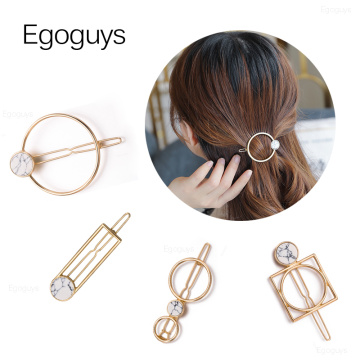 1PC Fashion Geometric Hair Clips Circle Square Hairpins Women Girl Natural Stone Marbling Barrettes Retro Metal Hair Styling Pin