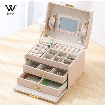 WE Bling PU Travel Portable Locked Jewelry Storage Box Three-layer Makeup Organizer Ring Earring Necklace Pouch Case Accessories