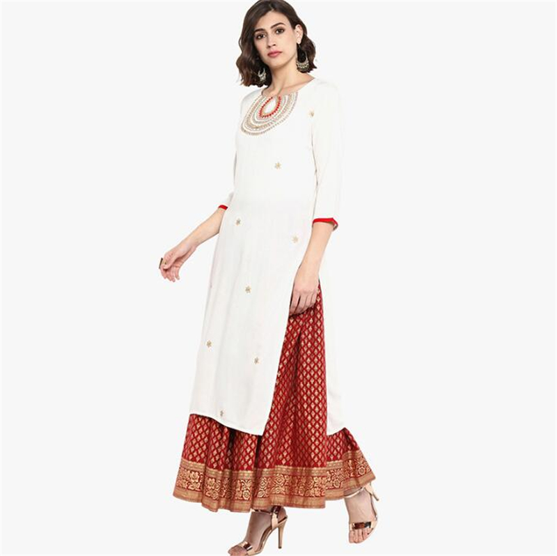 New India Fashion Woman Ethnic Styles Print Sets Kurtas Cotton Dress Three Quarter Sleeve Costume Elegent Lady Long Top Skirt