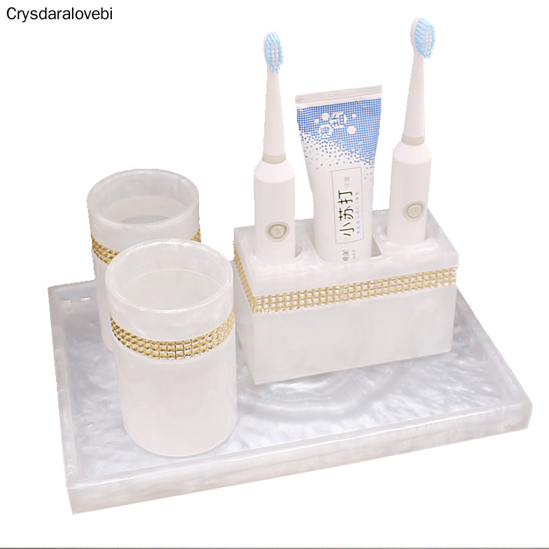 Nordic Resin Bathroom Accessories Set Tray Rhinestone Soap Dispenser Toothbrush Holder Emulsion Bottle Hand Sanitizer