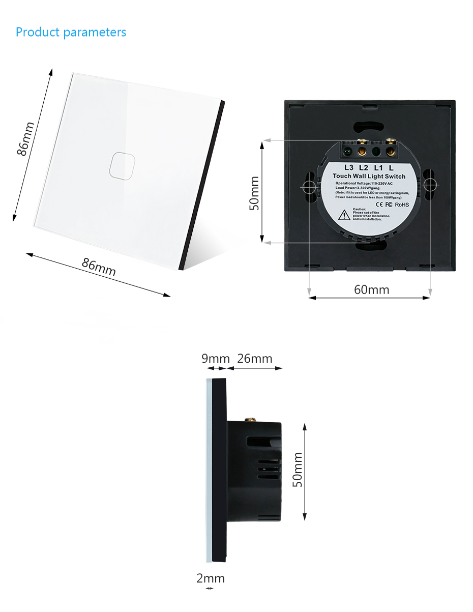 MiniTiger EU/UK Standard,1 Gang 1 Way Wall Touch Switch, White Crystal Glass Switch Panel, 220-250V, Only Touch Function