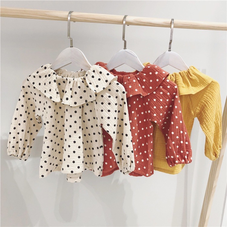 Baby Girl Solid Long Sleeve T Shirt Spring Baby Girls T Shirts 2019 Cotton Dot Top T-shirt Kids Peter Pan Collar Toddler Shirts