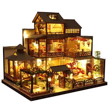 DIY Dollhouse Kit Large Villa Miniature Wooden Cabin Handmade Doll House Building Toys For Girls Christmas Birthday Gift