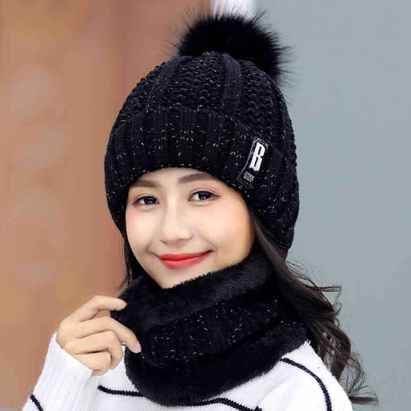 New Women Warm Thick Hat Fashion Winter Hats For Woman Add Fur Lined Knitted Cap Letter B Beanie Hat Girls Pompom Knitted Hat