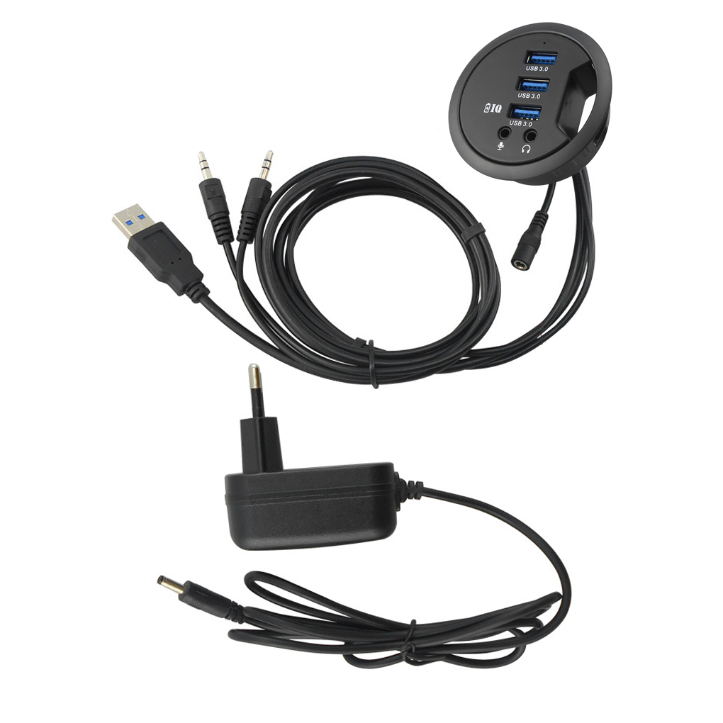 Table Grommet USB Hub Office Desktop Cable Hole Mounted USB Adapter Microphone Earphone Extender EU Plug