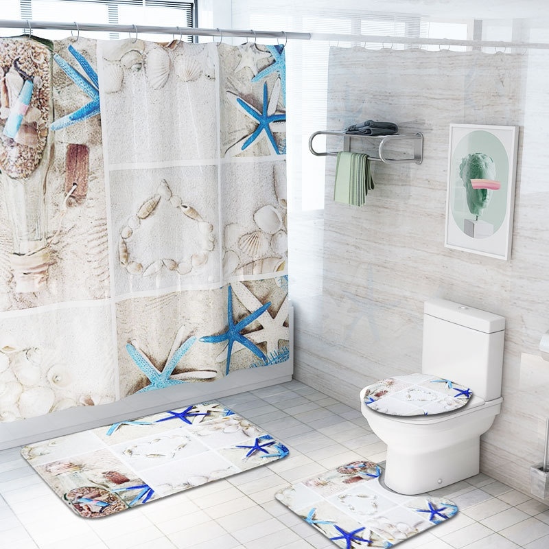 4 In 1 Sea Starfish Shell Beach Waterproof Shower Curtain Set Pedestal Rug Toilet Cover Bath Mat Bathroom Decor With 12 Hooks