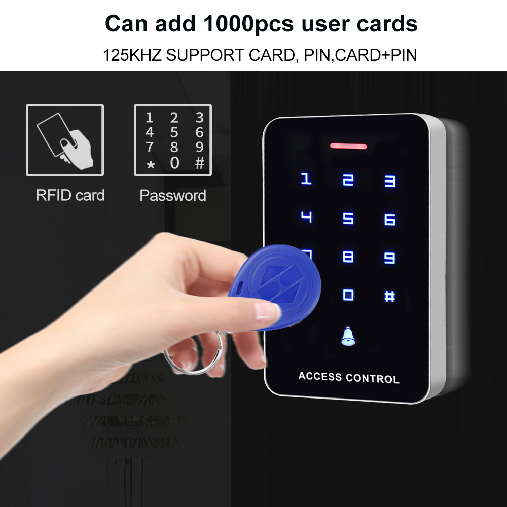 DC12V Touch RFID Keypad Access Control System Door Opener Smart RFID Access Controller WG26 +10pcs 125KHz EM4100 Keychains