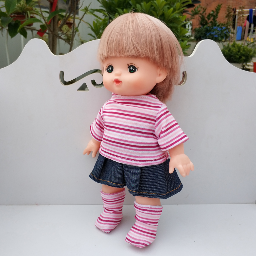 Adorable Stripe Pattern T-shirt Denim Miniskirt Sock Suit For Mellchan Baby Dolls Clothing Accessories Pink