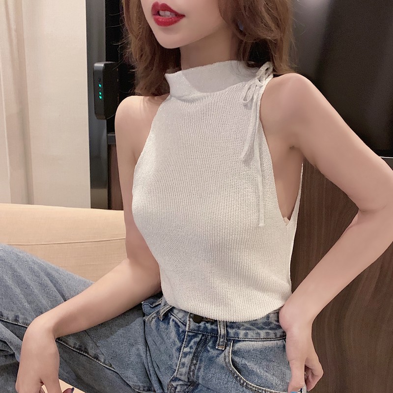 Summer Women's Knitting Laced Halter Off-shoulder Tank Crop Tops Female Camisole Sleeveless Short Tee shirts For Women